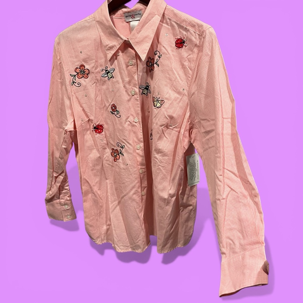 Cute pink gingham 90s pointy collar ladybug butterfly embroidered blouse NWT